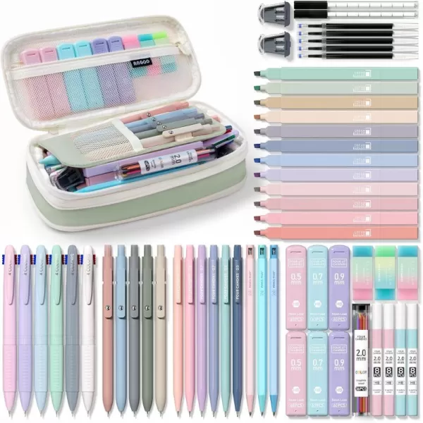 imageFour Candies 56 PCS Aesthetic School Supplies with Large Pencil Case 6 Colored Ballpoint Pens 12 Pastel Highlighters 5 Black Ink Gel Pens 9 Mechanical Pencils 0520mm Student Essentials PinkGreen