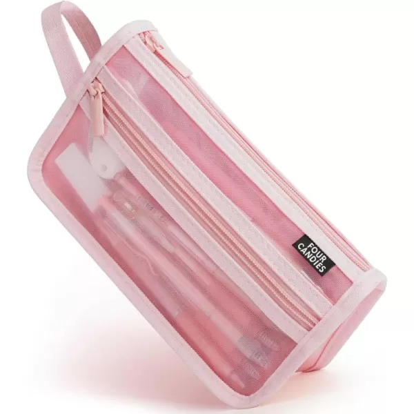 imageFour Candies Grid Mesh Pencil Case with Handle and Zipper Clear Doublelayer Pencil Pouch Marker Pouch Travel Makeup Bag Cute Transparent Stationary Organizer Pen Bag for Adult Office CollegePink