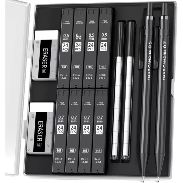 Four Candies Metal Mechanical Pencils 07mm 2PCS Pencils Mechanical 07 with Dual Spring 8 Tubes HB Lead Refills 2PCS 4B Erasers and 18PCS Eraser Refills Mechanical Pencil Set for Writing Drawing05mm  07mm