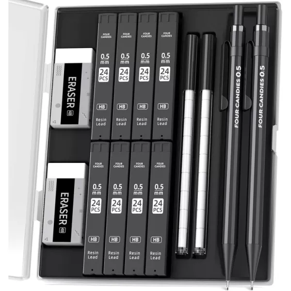 Four Candies Metal Mechanical Pencils 07mm 2PCS Pencils Mechanical 07 with Dual Spring 8 Tubes HB Lead Refills 2PCS 4B Erasers and 18PCS Eraser Refills Mechanical Pencil Set for Writing Drawing05mm