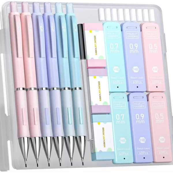 imageFour Candies Pastel Mechanical Pencil Set  6PCS 05 mm ampamp 07mm Pencils with 360PCS HB 2 Lead Refills 3PCS Erasers and 9PCS Eraser Refills Cute School Supplies Stuff for Student Writing Drawing05mm  07mm  09mm