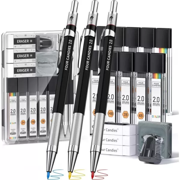 FourCandies 25PCS Art Mechanical Pencil Set with Case 3PCS Metal Artist Lead Pencil 05 07 09 mm ampamp 3PCS 2mm Lead HolderHB 2H 2B 4B Color with 432PCS Graphite Lead Refills for Drawing Sketching20MM