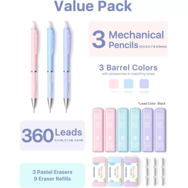 imageFour Candies 09 Mechanical Pencil Set with 09mm 2 Lead Refills Pastel Erasers ampamp 9 Eraser Refills 13Count Pack Cute Aesthetic School Supplies for Writing Drawing and Sketching050709mm