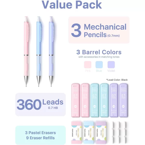 imageFour Candies 09 Mechanical Pencil Set with 09mm 2 Lead Refills Pastel Erasers ampamp 9 Eraser Refills 13Count Pack Cute Aesthetic School Supplies for Writing Drawing and Sketching07 mm