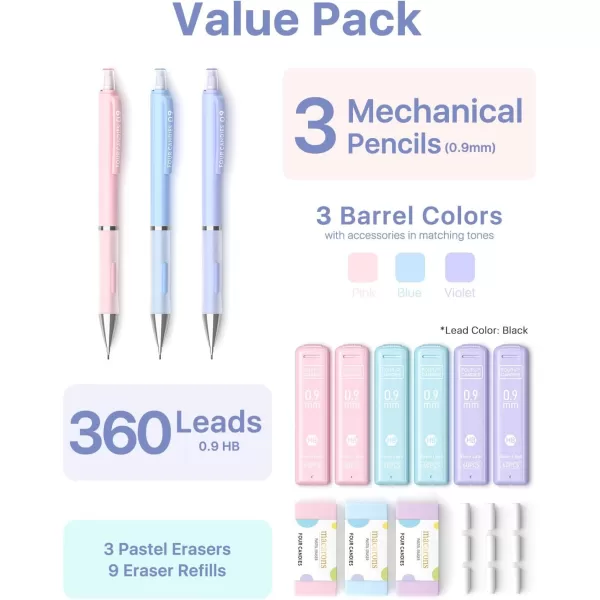 imageFour Candies 09 Mechanical Pencil Set with 09mm 2 Lead Refills Pastel Erasers ampamp 9 Eraser Refills 13Count Pack Cute Aesthetic School Supplies for Writing Drawing and Sketching09 mm