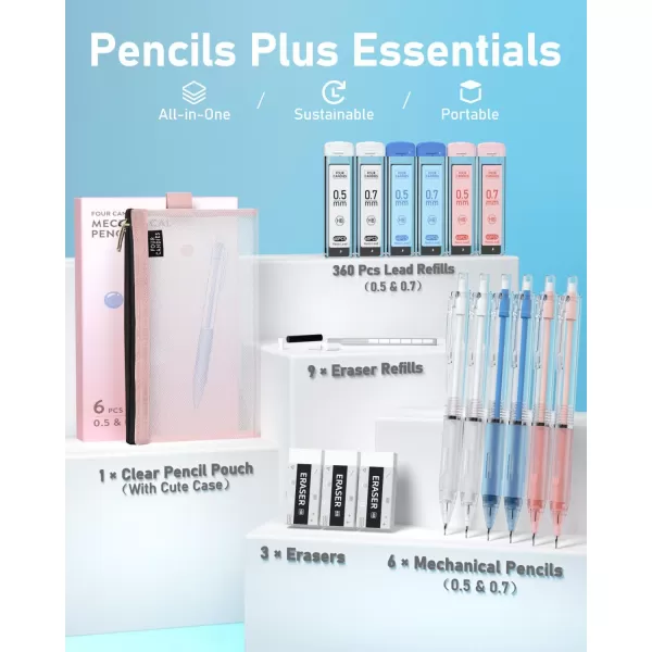 imageFour Candies 09mm Mechanical Pencils Set 3PCS Pastel Mechanical Pencils with 360PCS HB Lead Refills 3PCS Erasers 9PCS Eraser Refills for Student School Supplies05mm  07mm