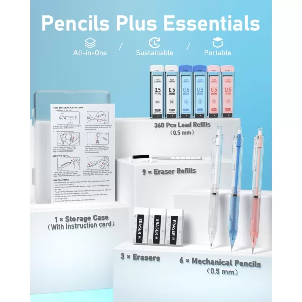 imageFour Candies 09mm Mechanical Pencils Set 3PCS Pastel Mechanical Pencils with 360PCS HB Lead Refills 3PCS Erasers 9PCS Eraser Refills for Student School Supplies05mm