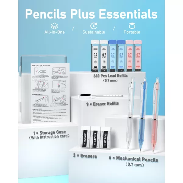 imageFour Candies 09mm Mechanical Pencils Set 3PCS Pastel Mechanical Pencils with 360PCS HB Lead Refills 3PCS Erasers 9PCS Eraser Refills for Student School Supplies07mm