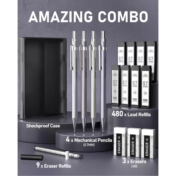 imageFour Candies 09mm Metal Mechanical Pencil Set with Case  4PCS Fancy Mechanical Pencils 8 Tubes HB 2 Lead Refills 3PCS 4B Erasers and 9PCS Eraser Refills Led Pencils Mechanical for Writing07MM