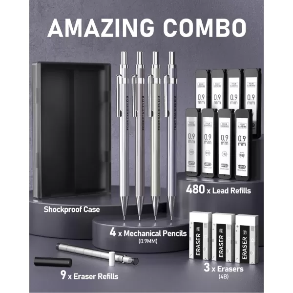 imageFour Candies 09mm Metal Mechanical Pencil Set with Case  4PCS Fancy Mechanical Pencils 8 Tubes HB 2 Lead Refills 3PCS 4B Erasers and 9PCS Eraser Refills Led Pencils Mechanical for Writing09MM