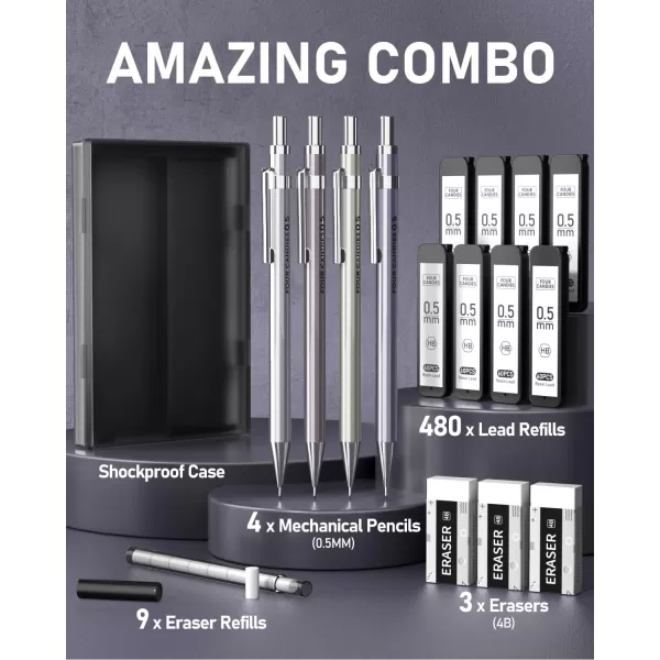 imageFour Candies 09mm Metal Mechanical Pencil Set with Case  4PCS Fancy Mechanical Pencils 8 Tubes HB 2 Lead Refills 3PCS 4B Erasers and 9PCS Eraser Refills Led Pencils Mechanical for Writing05MM