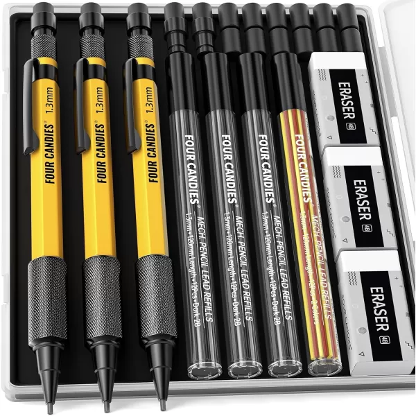 imageFour Candies 3PCS 13mm Mechanical Pencil Set with Case Metal Heavy Duty Carpenter Pencils with 48 RefillRedBlackYellow 3Eraser 12Eraser Refill Weatherproof Body Outdoor Woodworking Marking22PCS