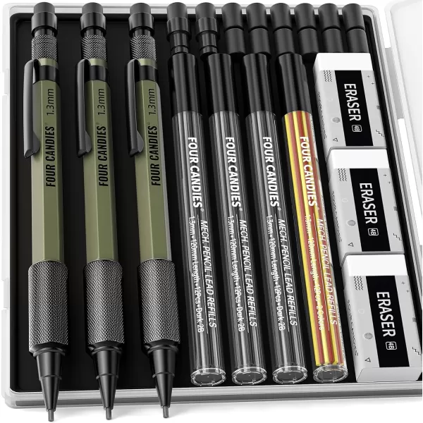 imageFour Candies 3PCS 13mm Mechanical Pencil Set with Case Metal Heavy Duty Carpenter Pencils with 48 RefillRedBlackYellow 3Eraser 12Eraser Refill Weatherproof Body Outdoor Woodworking Marking22PCS