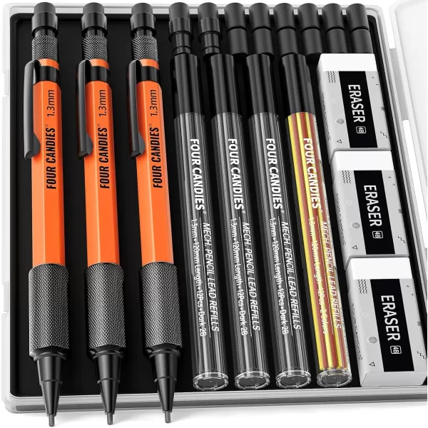 imageFour Candies 3PCS 13mm Mechanical Pencil Set with Case Metal Heavy Duty Carpenter Pencils with 48 RefillRedBlackYellow 3Eraser 12Eraser Refill Weatherproof Body Outdoor Woodworking Marking22PCS