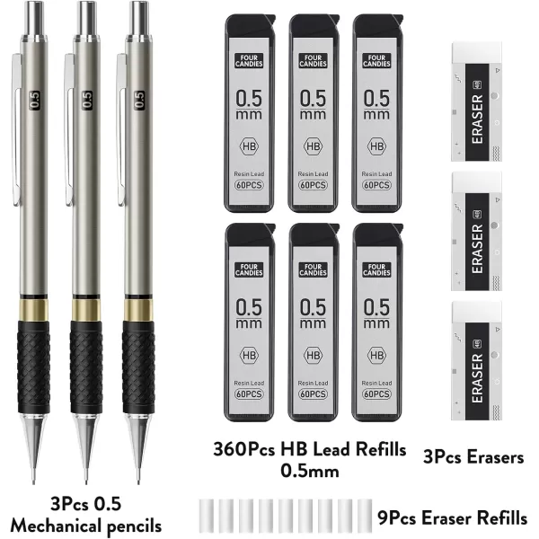 imageFour Candies Metal Mechanical Pencil Set  3PCS 09mm Art Mechanical Pencils ampamp 360PCS HB Lead Refills ampamp 3PCS Erasers ampamp 9PCS Eraser Refills Drawing Mechanical Pencils for Writing SketchingWith Case3PCS05mm