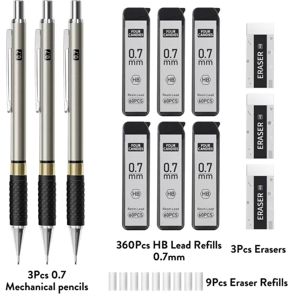 imageFour Candies Metal Mechanical Pencil Set  3PCS 09mm Art Mechanical Pencils ampamp 360PCS HB Lead Refills ampamp 3PCS Erasers ampamp 9PCS Eraser Refills Drawing Mechanical Pencils for Writing SketchingWith Case3PCS07mm