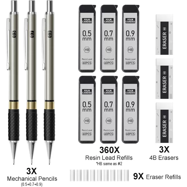 imageFour Candies Metal Mechanical Pencil Set  3PCS 09mm Art Mechanical Pencils ampamp 360PCS HB Lead Refills ampamp 3PCS Erasers ampamp 9PCS Eraser Refills Drawing Mechanical Pencils for Writing SketchingWith Case05  07  09mm