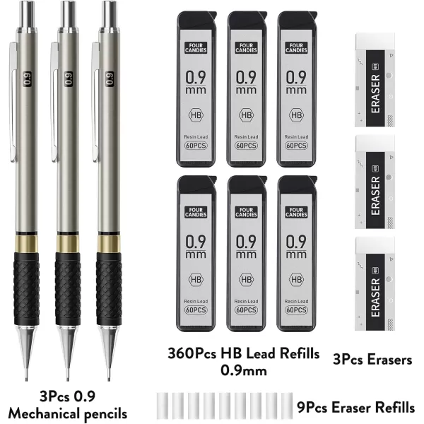 imageFour Candies Metal Mechanical Pencil Set  3PCS 09mm Art Mechanical Pencils ampamp 360PCS HB Lead Refills ampamp 3PCS Erasers ampamp 9PCS Eraser Refills Drawing Mechanical Pencils for Writing SketchingWith Case3PCS09mm