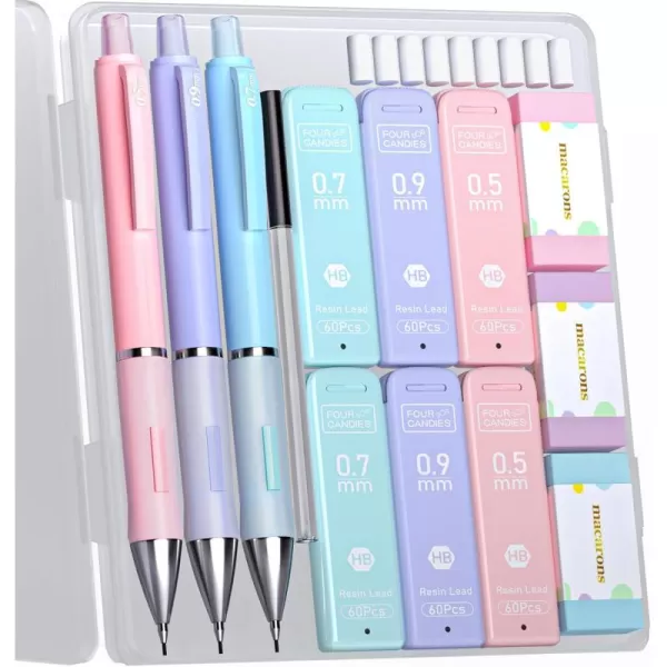 imageFour Candies 09 Mechanical Pencil Set with 09mm 2 Lead Refills Pastel Erasers ampamp 9 Eraser Refills 13Count Pack Cute Aesthetic School Supplies for Writing Drawing and Sketching050709mm