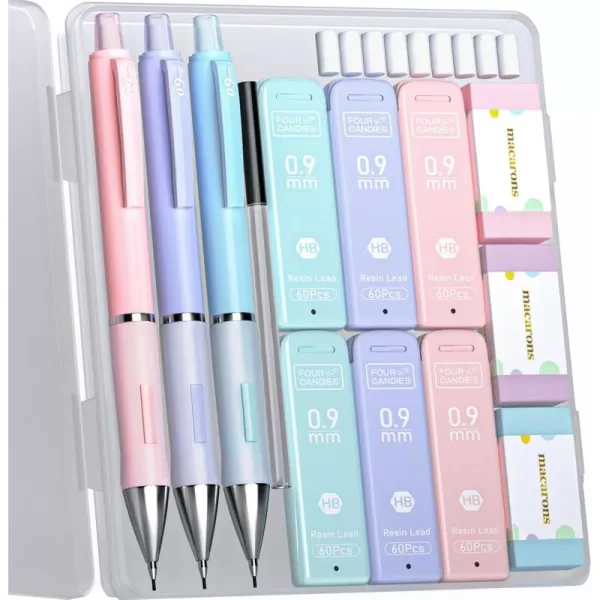 imageFour Candies 09 Mechanical Pencil Set with 09mm 2 Lead Refills Pastel Erasers ampamp 9 Eraser Refills 13Count Pack Cute Aesthetic School Supplies for Writing Drawing and Sketching09 mm