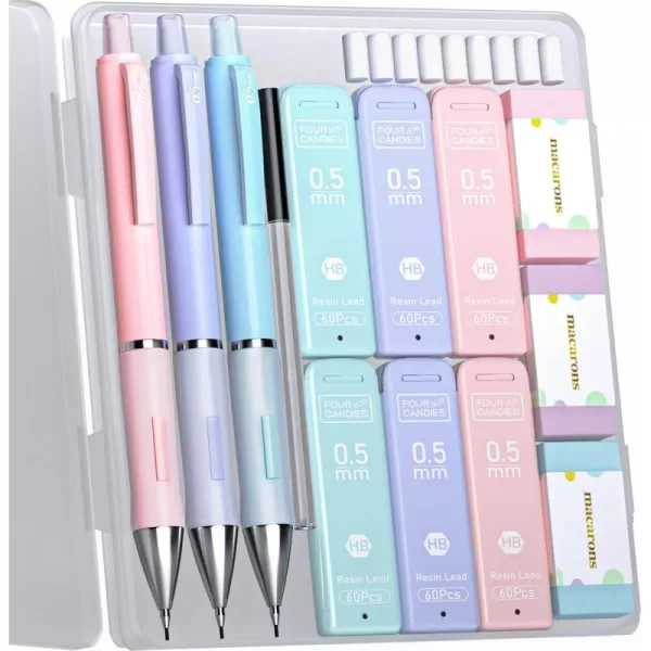 imageFour Candies 09 Mechanical Pencil Set with 09mm 2 Lead Refills Pastel Erasers ampamp 9 Eraser Refills 13Count Pack Cute Aesthetic School Supplies for Writing Drawing and Sketching05 mm