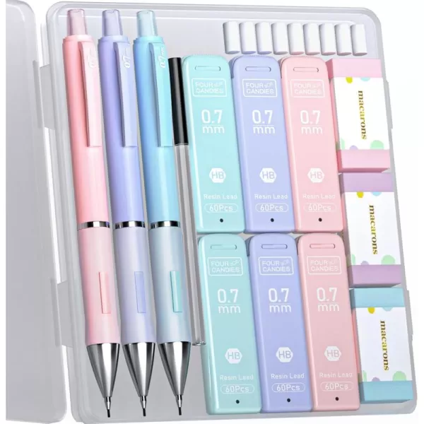 imageFour Candies 09 Mechanical Pencil Set with 09mm 2 Lead Refills Pastel Erasers ampamp 9 Eraser Refills 13Count Pack Cute Aesthetic School Supplies for Writing Drawing and Sketching07 mm