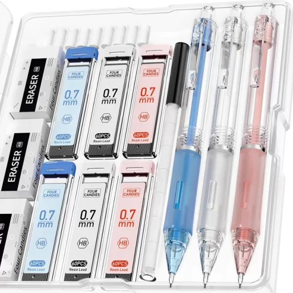 imageFour Candies 09mm Mechanical Pencils Set 3PCS Pastel Mechanical Pencils with 360PCS HB Lead Refills 3PCS Erasers 9PCS Eraser Refills for Student School Supplies07mm