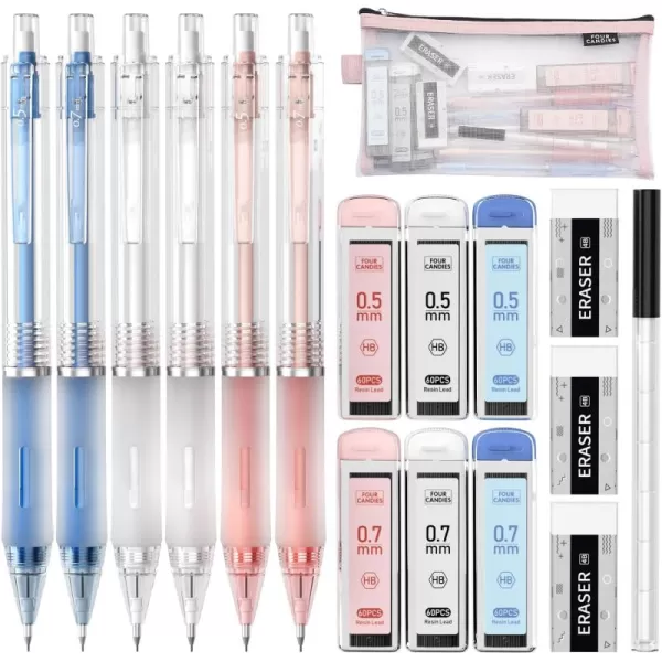 imageFour Candies 09mm Mechanical Pencils Set 3PCS Pastel Mechanical Pencils with 360PCS HB Lead Refills 3PCS Erasers 9PCS Eraser Refills for Student School Supplies05mm  07mm