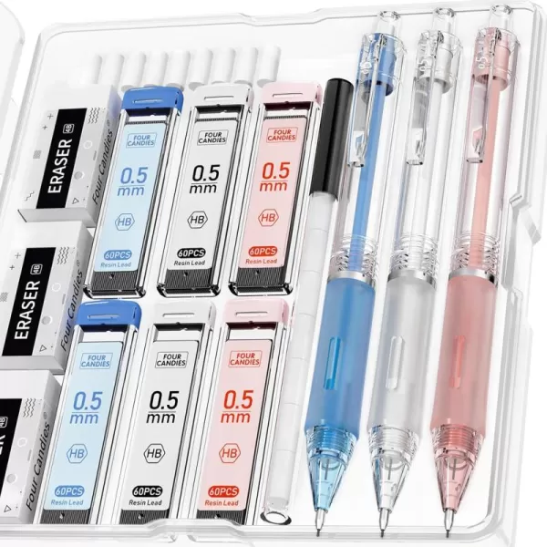 imageFour Candies 09mm Mechanical Pencils Set 3PCS Pastel Mechanical Pencils with 360PCS HB Lead Refills 3PCS Erasers 9PCS Eraser Refills for Student School Supplies05mm