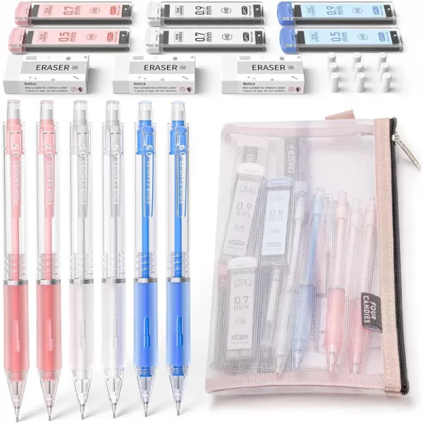 imageFour Candies 09mm Mechanical Pencils Set 3PCS Pastel Mechanical Pencils with 360PCS HB Lead Refills 3PCS Erasers 9PCS Eraser Refills for Student School Supplies05mm  07mm  09mm