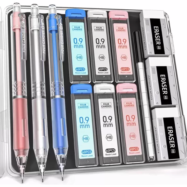 imageFour Candies 09mm Mechanical Pencils Set 3PCS Pastel Mechanical Pencils with 360PCS HB Lead Refills 3PCS Erasers 9PCS Eraser Refills for Student School Supplies09mm