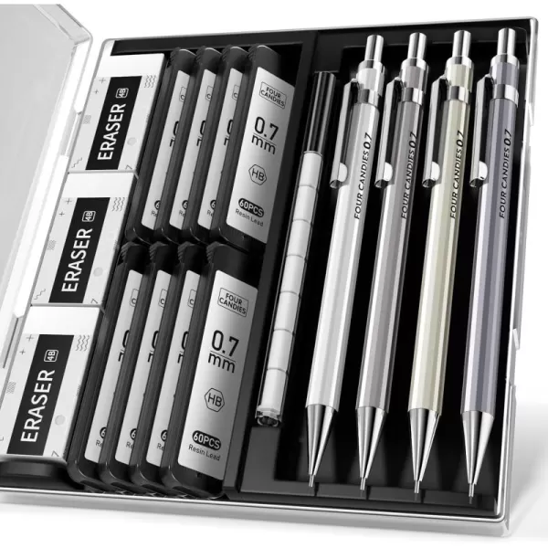 imageFour Candies 09mm Metal Mechanical Pencil Set with Case  4PCS Fancy Mechanical Pencils 8 Tubes HB 2 Lead Refills 3PCS 4B Erasers and 9PCS Eraser Refills Led Pencils Mechanical for Writing07MM