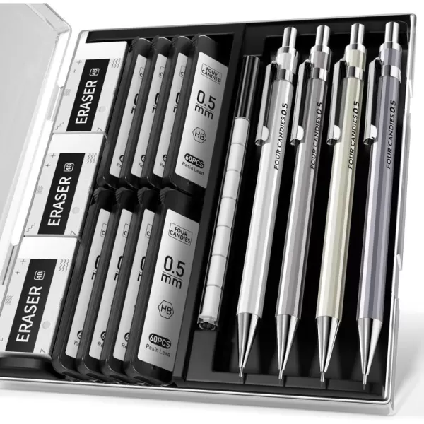 imageFour Candies 09mm Metal Mechanical Pencil Set with Case  4PCS Fancy Mechanical Pencils 8 Tubes HB 2 Lead Refills 3PCS 4B Erasers and 9PCS Eraser Refills Led Pencils Mechanical for Writing05MM