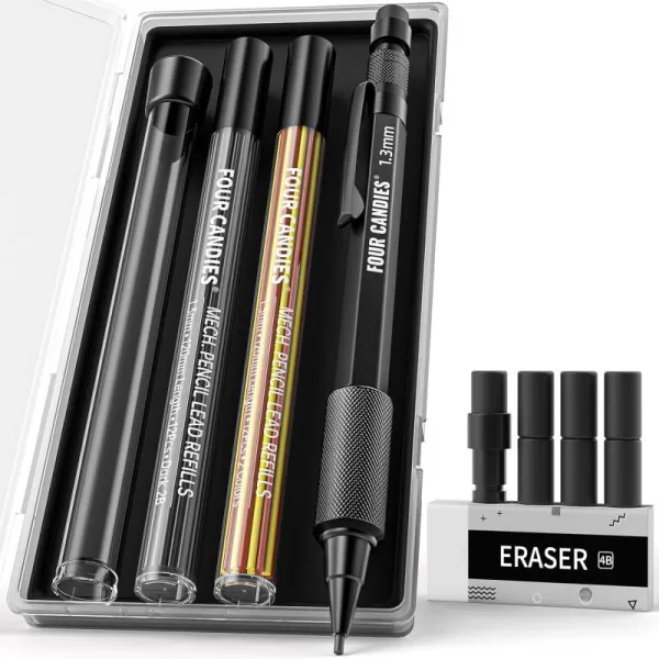 imageFour Candies 3PCS 13mm Mechanical Pencil Set with Case Metal Heavy Duty Carpenter Pencils with 48 RefillRedBlackYellow 3Eraser 12Eraser Refill Weatherproof Body Outdoor Woodworking Marking10PCS