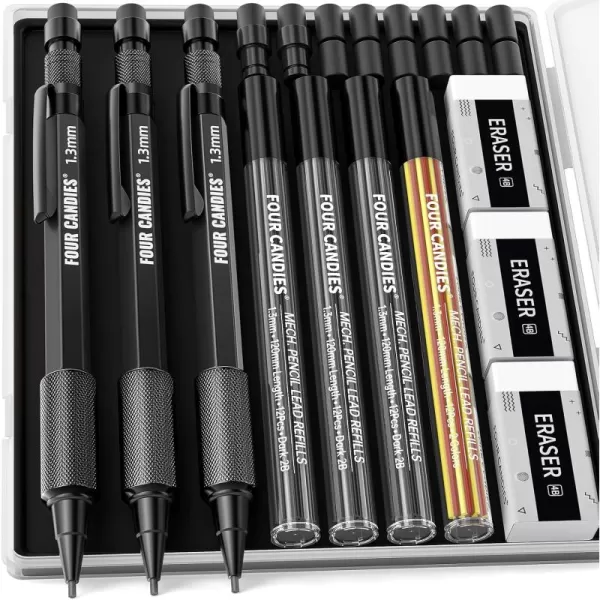 imageFour Candies 3PCS 13mm Mechanical Pencil Set with Case Metal Heavy Duty Carpenter Pencils with 48 RefillRedBlackYellow 3Eraser 12Eraser Refill Weatherproof Body Outdoor Woodworking Marking22PCS