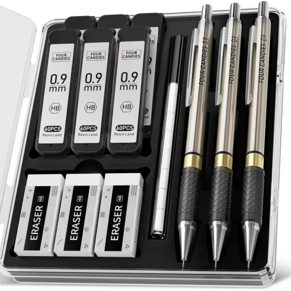 imageFour Candies Metal Mechanical Pencil Set  3PCS 09mm Art Mechanical Pencils ampamp 360PCS HB Lead Refills ampamp 3PCS Erasers ampamp 9PCS Eraser Refills Drawing Mechanical Pencils for Writing SketchingWith Case3PCS09mm