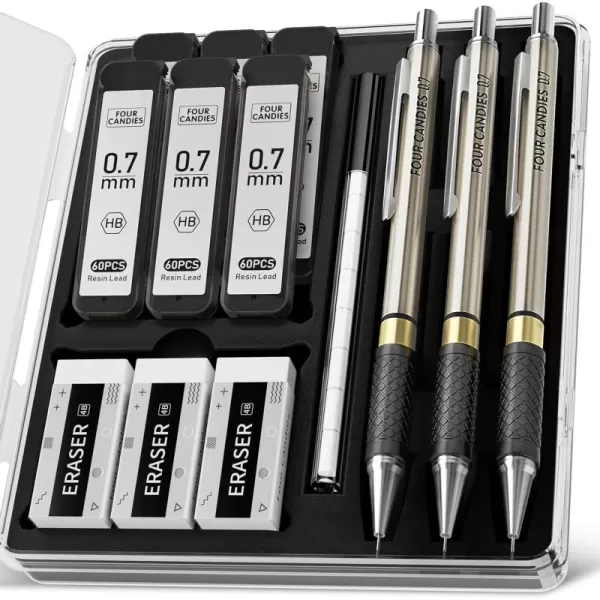 imageFour Candies Metal Mechanical Pencil Set  3PCS 09mm Art Mechanical Pencils ampamp 360PCS HB Lead Refills ampamp 3PCS Erasers ampamp 9PCS Eraser Refills Drawing Mechanical Pencils for Writing SketchingWith Case3PCS07mm