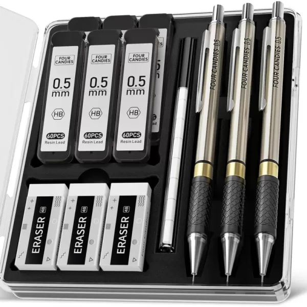 imageFour Candies Metal Mechanical Pencil Set  3PCS 09mm Art Mechanical Pencils ampamp 360PCS HB Lead Refills ampamp 3PCS Erasers ampamp 9PCS Eraser Refills Drawing Mechanical Pencils for Writing SketchingWith Case3PCS05mm