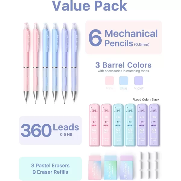 imageFour Candies 07mm Mechanical Pencil Set  6PCS Cute Pencils with 360PCS HB ampamp 2B Lead Refills 3PCS Pastel Erasers and 9PCS Eraser Refills Aesthetic School Supplies for Student Writing Drawing05 mm