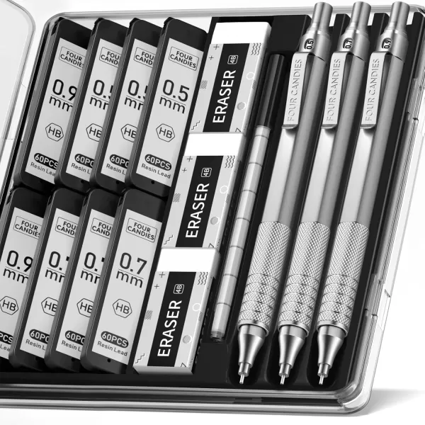 imageFour Candies 09mm Mechanical Pencil Set with Case 3PCS Metal Artist Lead Pencil with 8 Tubes 480PCS HB Lead Refills 3 Erasers 9 Eraser Refills For Engineer Art Writing Drafting BlackSilver