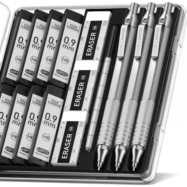 imageFour Candies 09mm Mechanical Pencil Set with Case 3PCS Metal Artist Lead Pencil with 8 Tubes 480PCS HB Lead Refills 3 Erasers 9 Eraser Refills For Engineer Art Writing Drafting BlackSilver