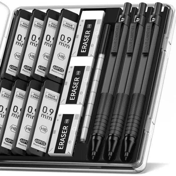 imageFour Candies 09mm Mechanical Pencil Set with Case 3PCS Metal Artist Lead Pencil with 8 Tubes 480PCS HB Lead Refills 3 Erasers 9 Eraser Refills For Engineer Art Writing Drafting BlackBlack