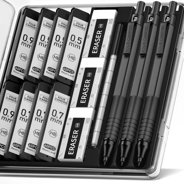 imageFour Candies 09mm Mechanical Pencil Set with Case 3PCS Metal Artist Lead Pencil with 8 Tubes 480PCS HB Lead Refills 3 Erasers 9 Eraser Refills For Engineer Art Writing Drafting BlackBlack