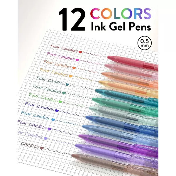 imageFour Candies 12Pack 05mm Quick Dry Retractable Gel Pen Set Cute Transparent Fine Point Multicolor Note Taking Aesthetic lnk Pens Comfort Grip 12 Ink Colors Drawing Writing School Office Home