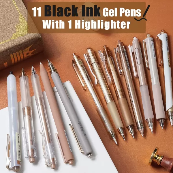 imageFour Candies 12Pack Pastel Gel Ink Pen Set 11 Pack Black Ink Pens with 1Pack Highlighter for Writing Retractable 05mm Fine Point Note Taking Pens for School Office BrownBrown