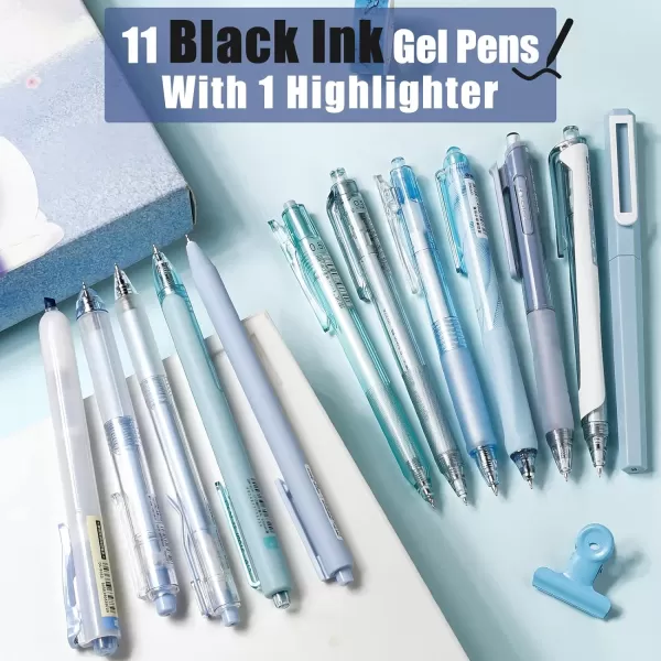 imageFour Candies 12Pack Pastel Gel Ink Pen Set 11 Pack Black Ink Pens with 1Pack Highlighter for Writing Retractable 05mm Fine Point Note Taking Pens for School Office BrownBlue