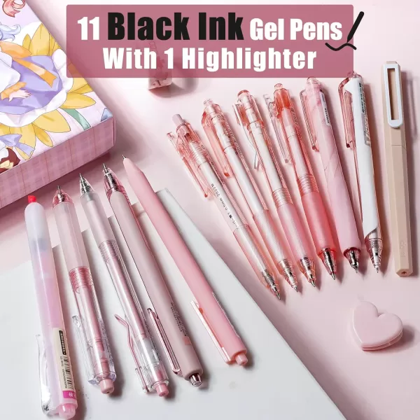 imageFour Candies 12Pack Pastel Gel Ink Pen Set 11 Pack Black Ink Pens with 1Pack Highlighter for Writing Retractable 05mm Fine Point Note Taking Pens for School Office BrownPink Barrels Black Ink