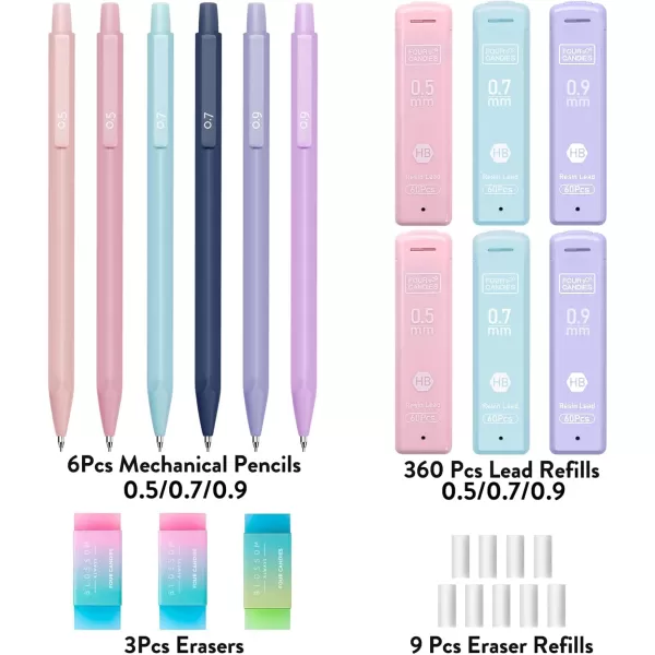 imageFour Candies Cute Mechanical Pencil Set 6PCS Pastel Mechanical Pencils 05 mm ampamp 07mm ampamp 09mm with 360PCS Leads 3PCS Erasers and 9PCS Eraser Refills Aesthetic Pencils for Girls Writing Art Drawing05mm  07mm  09mm