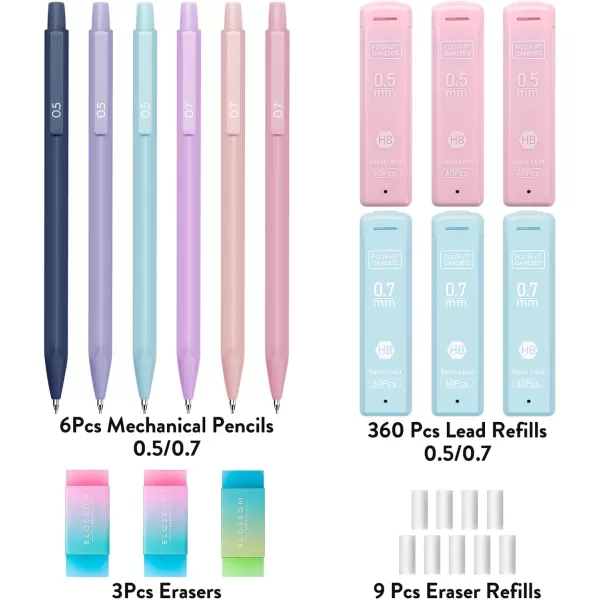 imageFour Candies Cute Mechanical Pencil Set 6PCS Pastel Mechanical Pencils 05 mm ampamp 07mm ampamp 09mm with 360PCS Leads 3PCS Erasers and 9PCS Eraser Refills Aesthetic Pencils for Girls Writing Art Drawing05mm  07mm