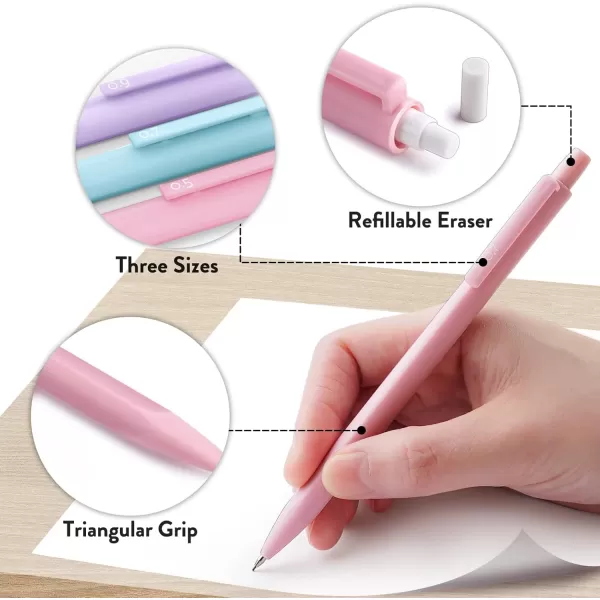 imageFour Candies Cute Mechanical Pencil Set 6PCS Pastel Mechanical Pencils 05 mm ampamp 07mm ampamp 09mm with 360PCS Leads 3PCS Erasers and 9PCS Eraser Refills Aesthetic Pencils for Girls Writing Art Drawing05mm  07mm  09mm